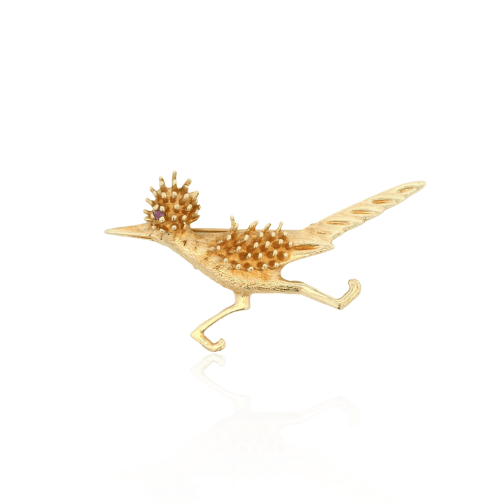 Estate 14K Yellow Gold Ruby Vintage Roadrunner Brooch