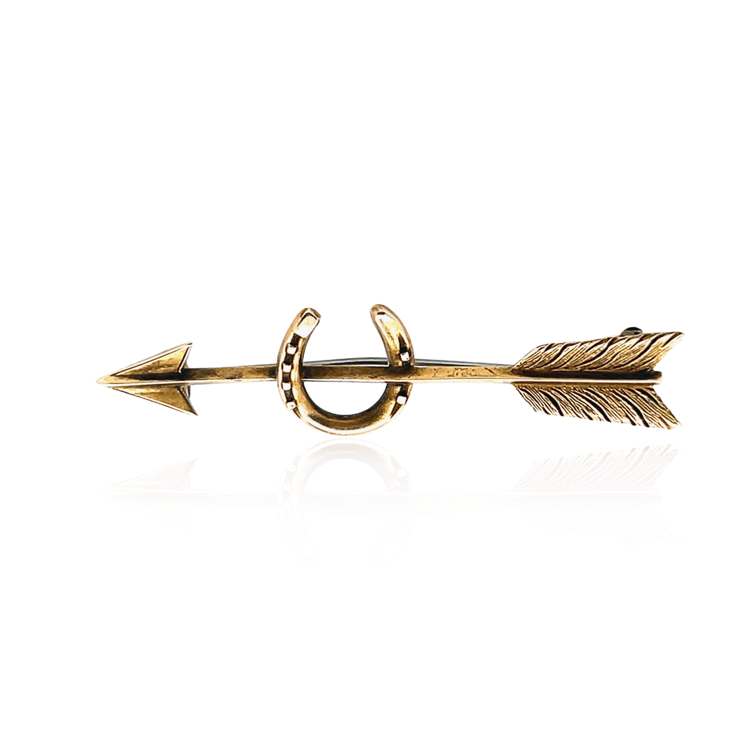 Estate Victorian 14K Yellow Gold "Lucky in Love" Arrow & Horseshoe Pin