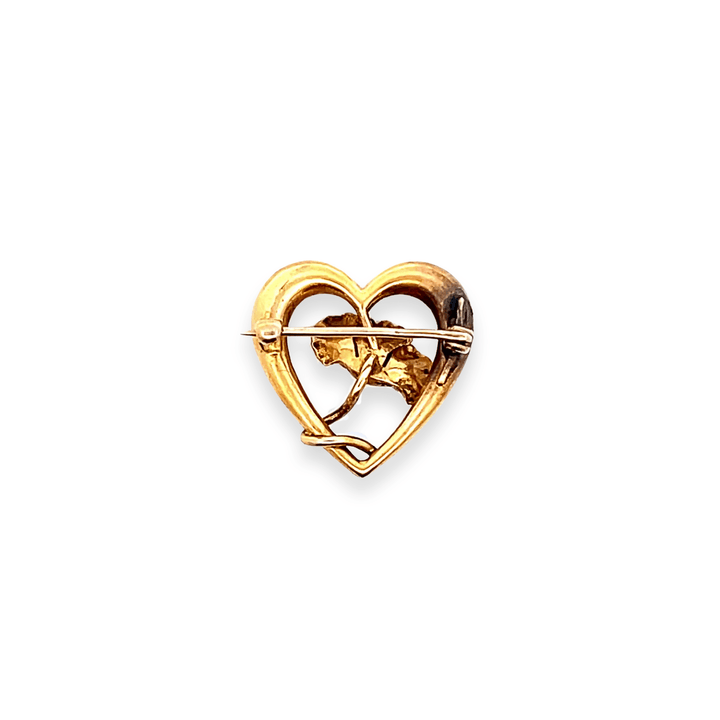 Estate 14K Yellow Gold Open Heart & Three-Dimensional Flower Antique Brooch