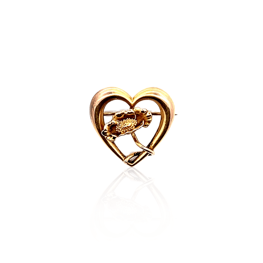 Estate 14K Yellow Gold Open Heart & Three-Dimensional Flower Antique Brooch