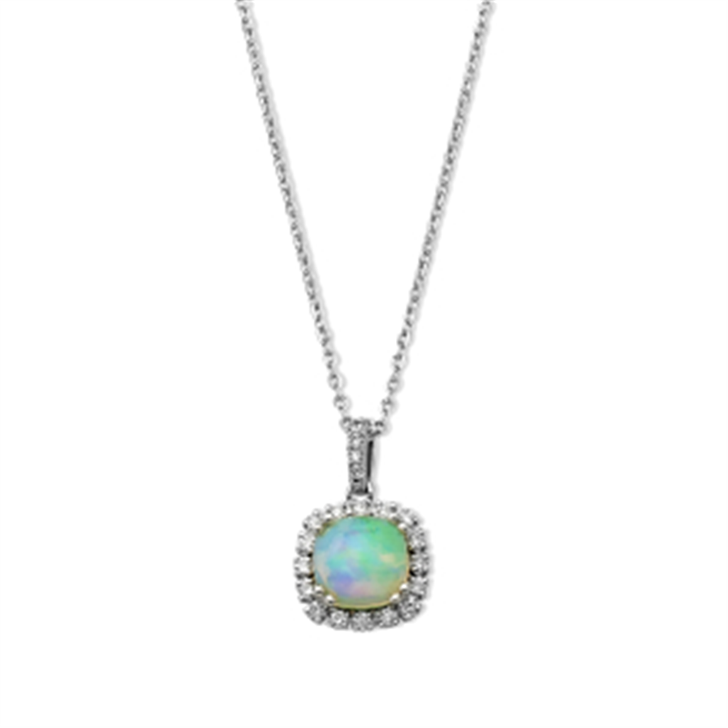 14K White Gold 1.63ctw Cushion Opal & Diamond Halo Necklace by Samuel B.