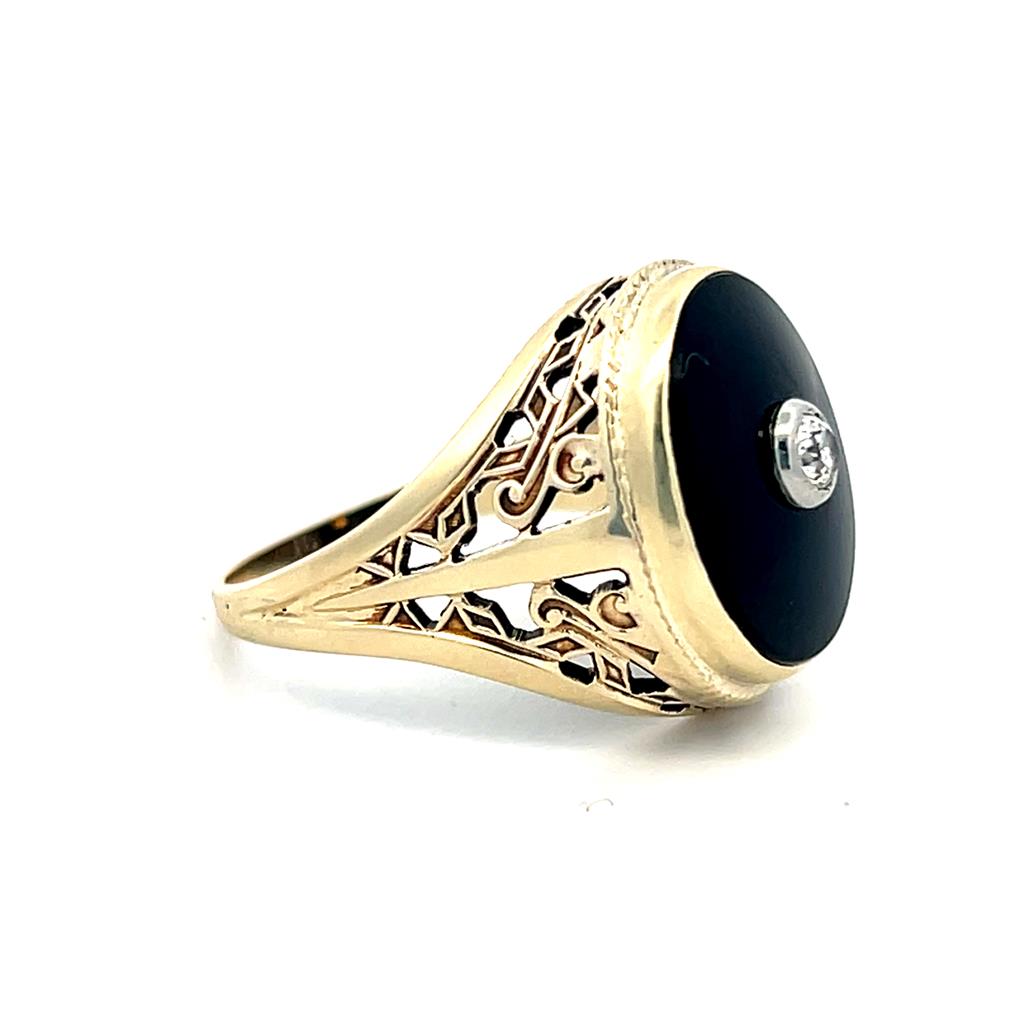 Estate 14K Yellow Gold Black Onyx & Diamond Art Deco Ring