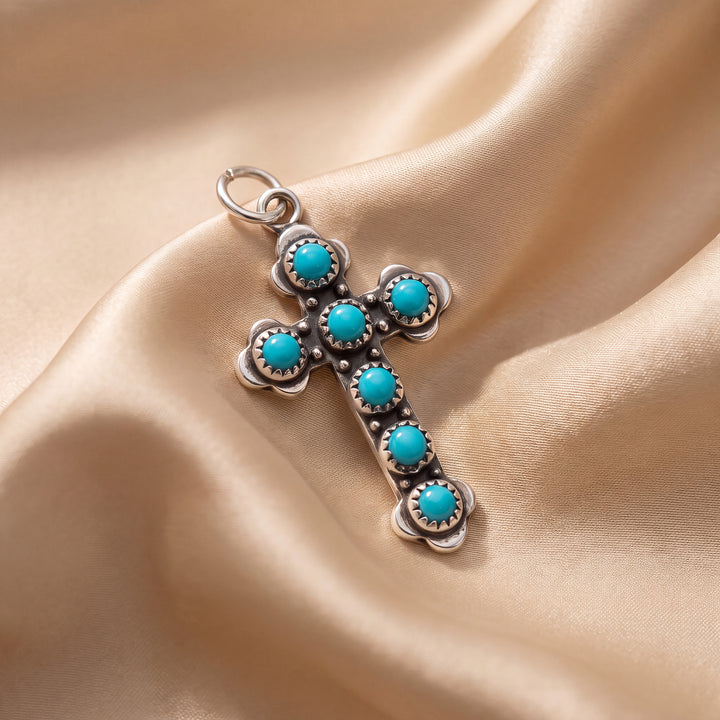 Estate Sterling Silver Round Cabochon Turquoise Cross Pendant