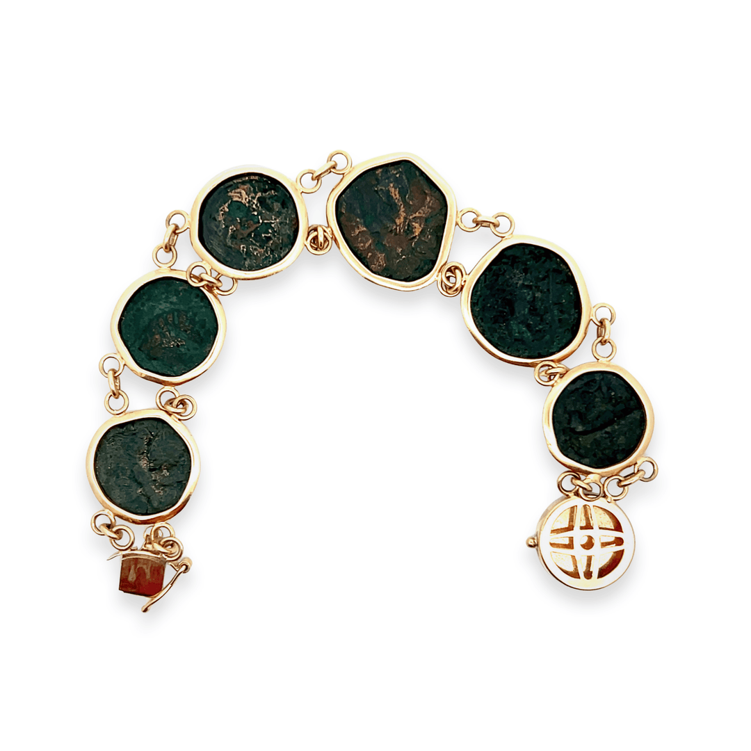 Estate 14K Yellow Gold Ancient Roman Bronze Coin Bracelet