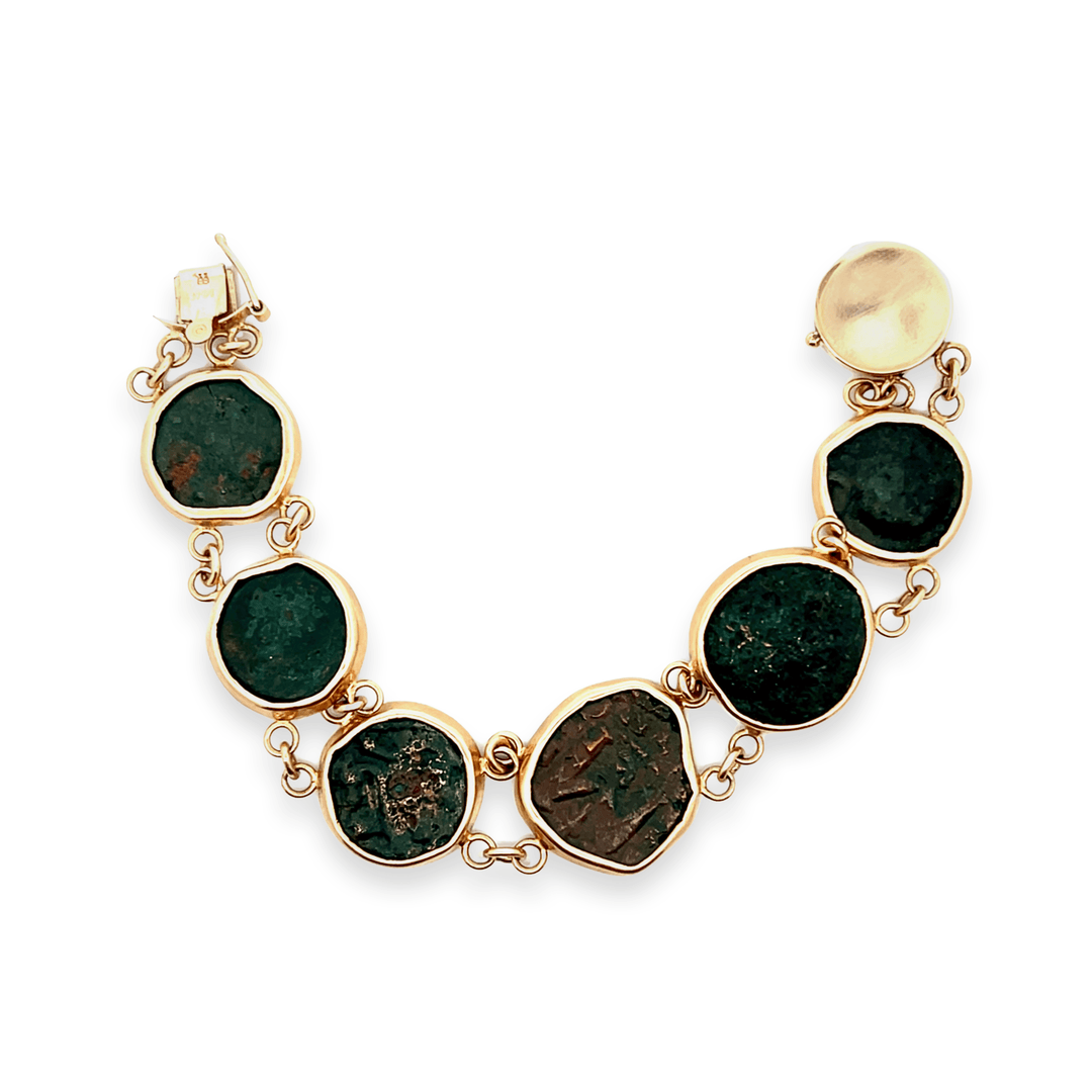 Estate 14K Yellow Gold Ancient Roman Bronze Coin Bracelet
