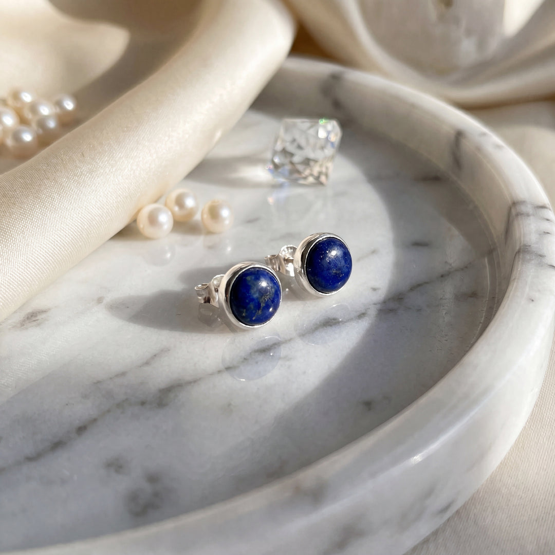Estate Sterling Silver Round Cabochon Lapis Lazuli Bezel Stud Earrings