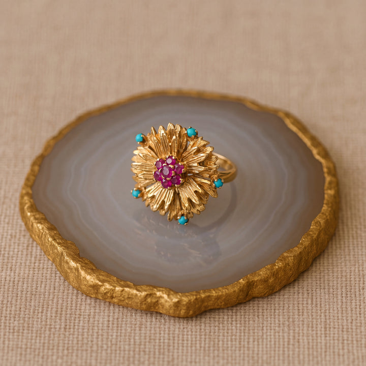 Estate 18K Yellow Gold Pink Sapphire & Turquoise Vintage Flower Motif Ring