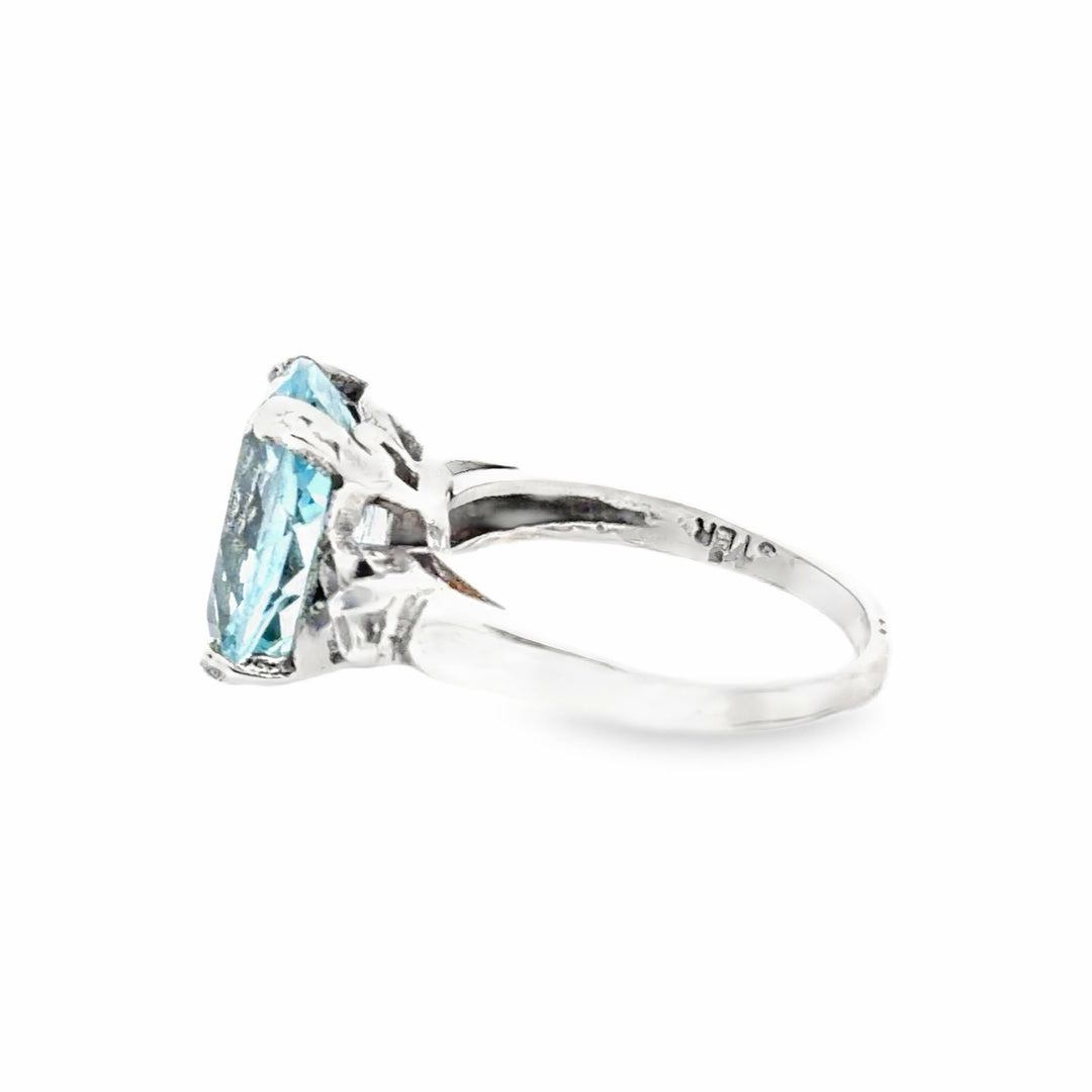 Estate Sterling Silver 6.00CTW Oval Blue Topaz Floral Ring