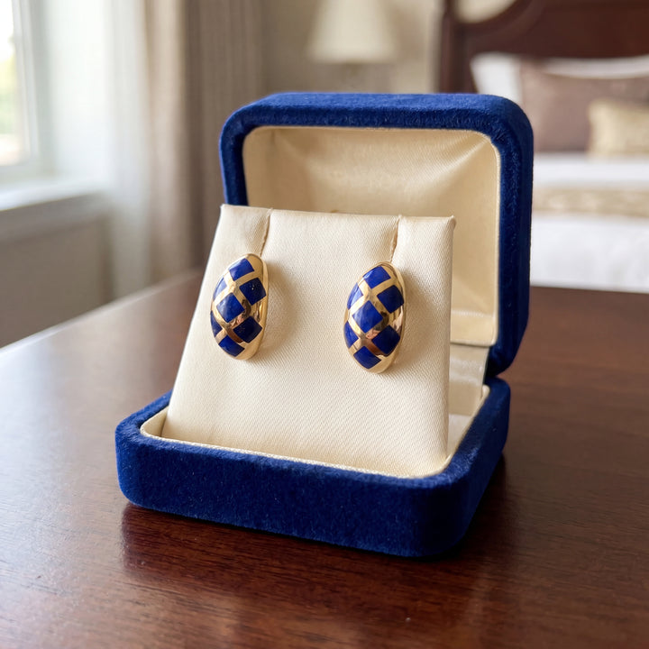 Estate 14K Yellow Gold Square Lapis Lazuli Inlay J-Hook Stud Earrings