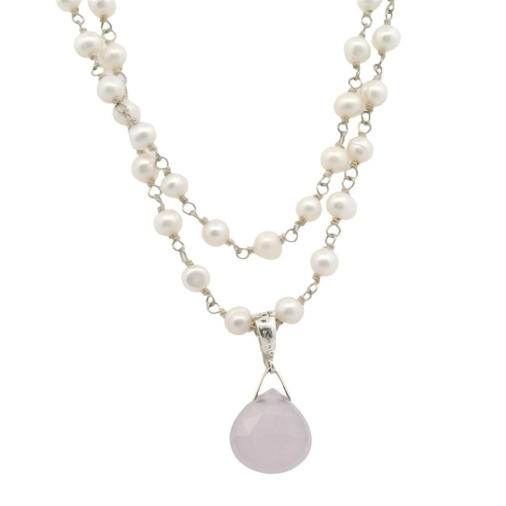 Estate Sterling Silver Rose Quartz & Pearl Double Strand Necklace
