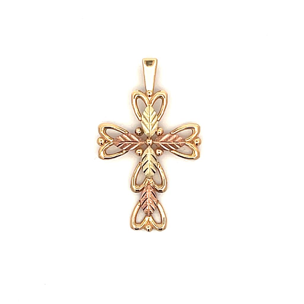 Estate 10K Two Tone Gold Leaf Design Cross Pendant