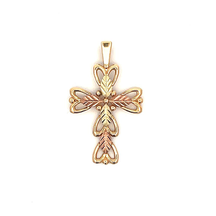 Estate 10K Two Tone Gold Leaf Design Cross Pendant