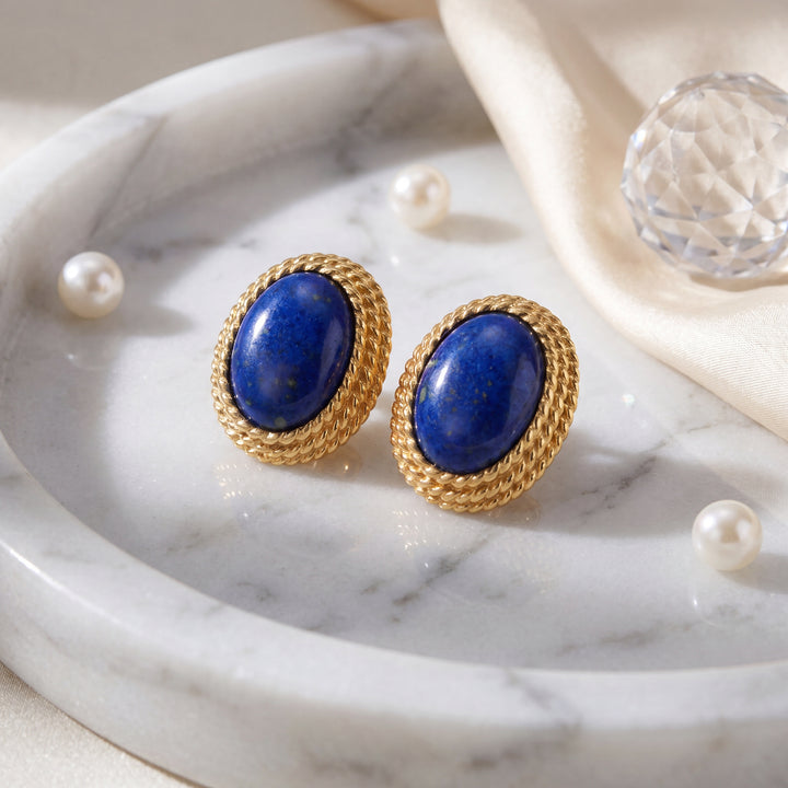 Estate 1960s 14K Yellow Gold Oval Cabochon Lapis Lazuli Stud Earrings