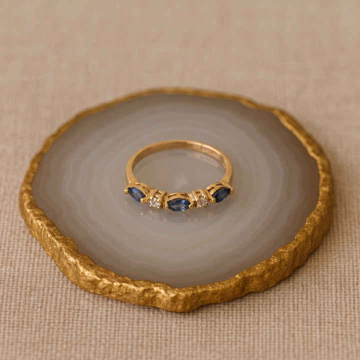 Estate 14K Yellow Gold Marquise Blue Sapphire & Diamond Band Ring