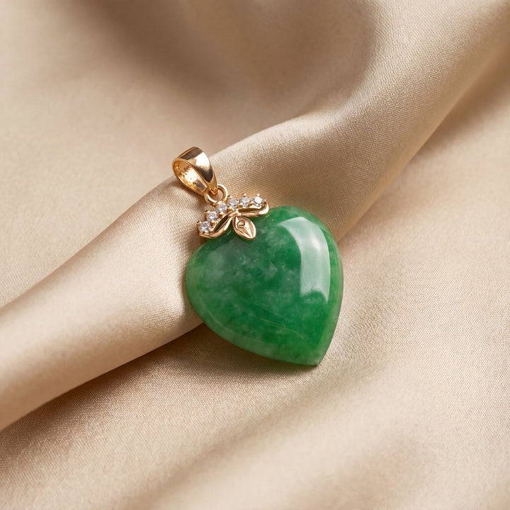 Estate 14K Yellow Gold Heart Shaped Dyed Jadeite & CZ Charm