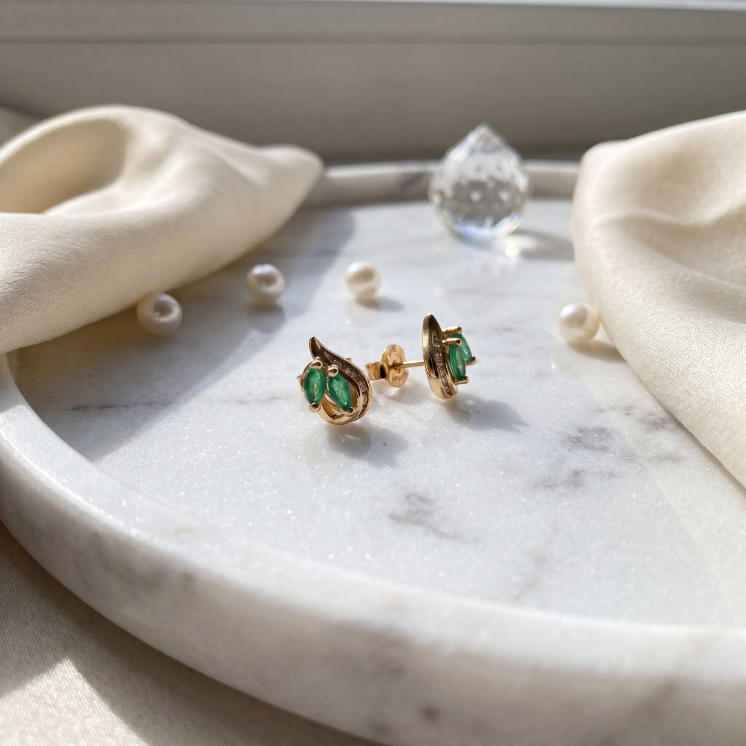 Estate 14K Yellow Gold Marquise Emerald & Diamond Stud Earrings