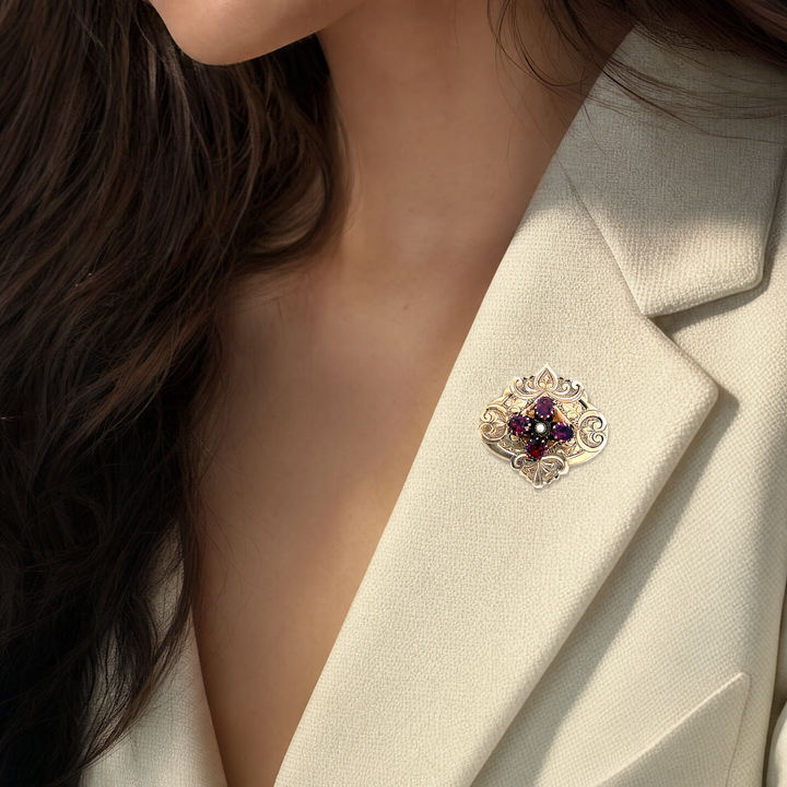 Estate 10K Yellow Gold Antique Victorian Rhodolite Garnet & Seed Pearl Brooch