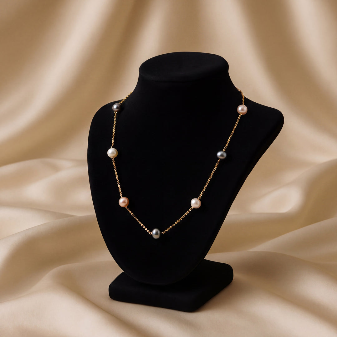 Estate 14K Yellow Gold Multi-Color Cultured Pearl Tin Cup Necklace
