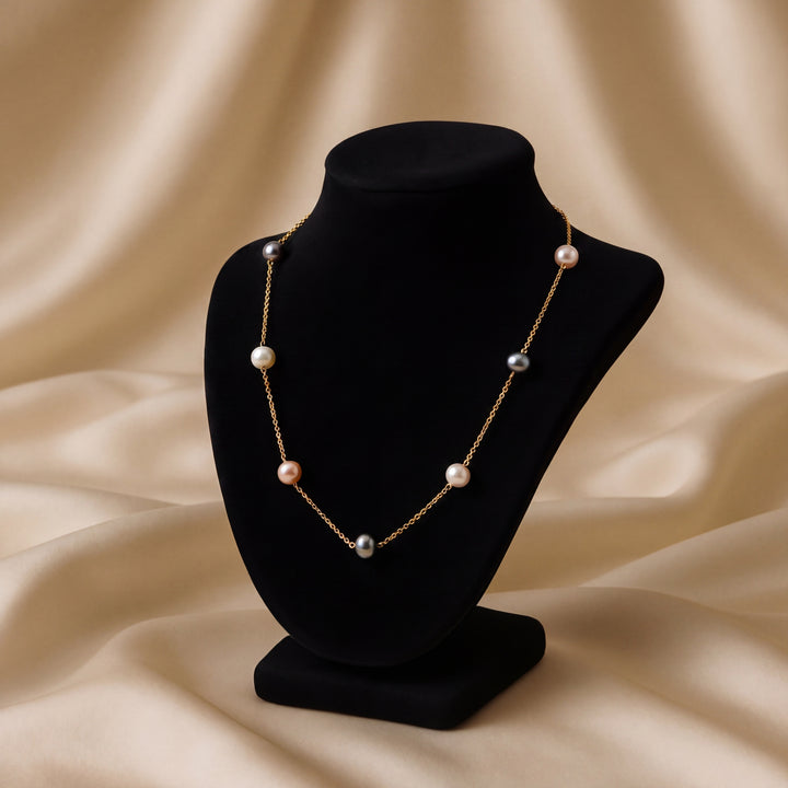 Estate 14K Yellow Gold Multi-Color Cultured Pearl Tin Cup Necklace