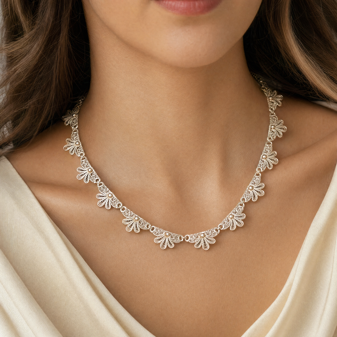 Estate Sterling Silver Floral Filigree Link Necklace