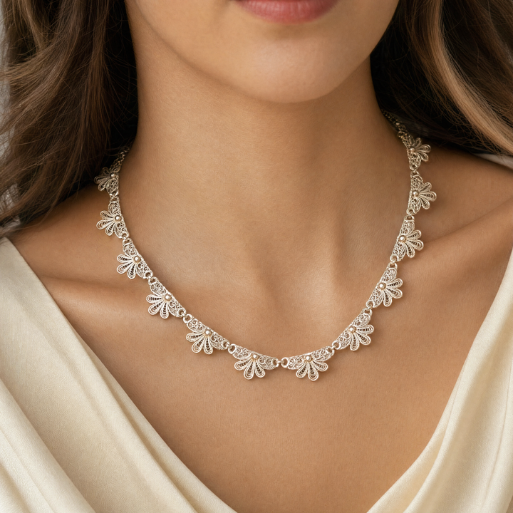 Estate Sterling Silver Floral Filigree Link Necklace