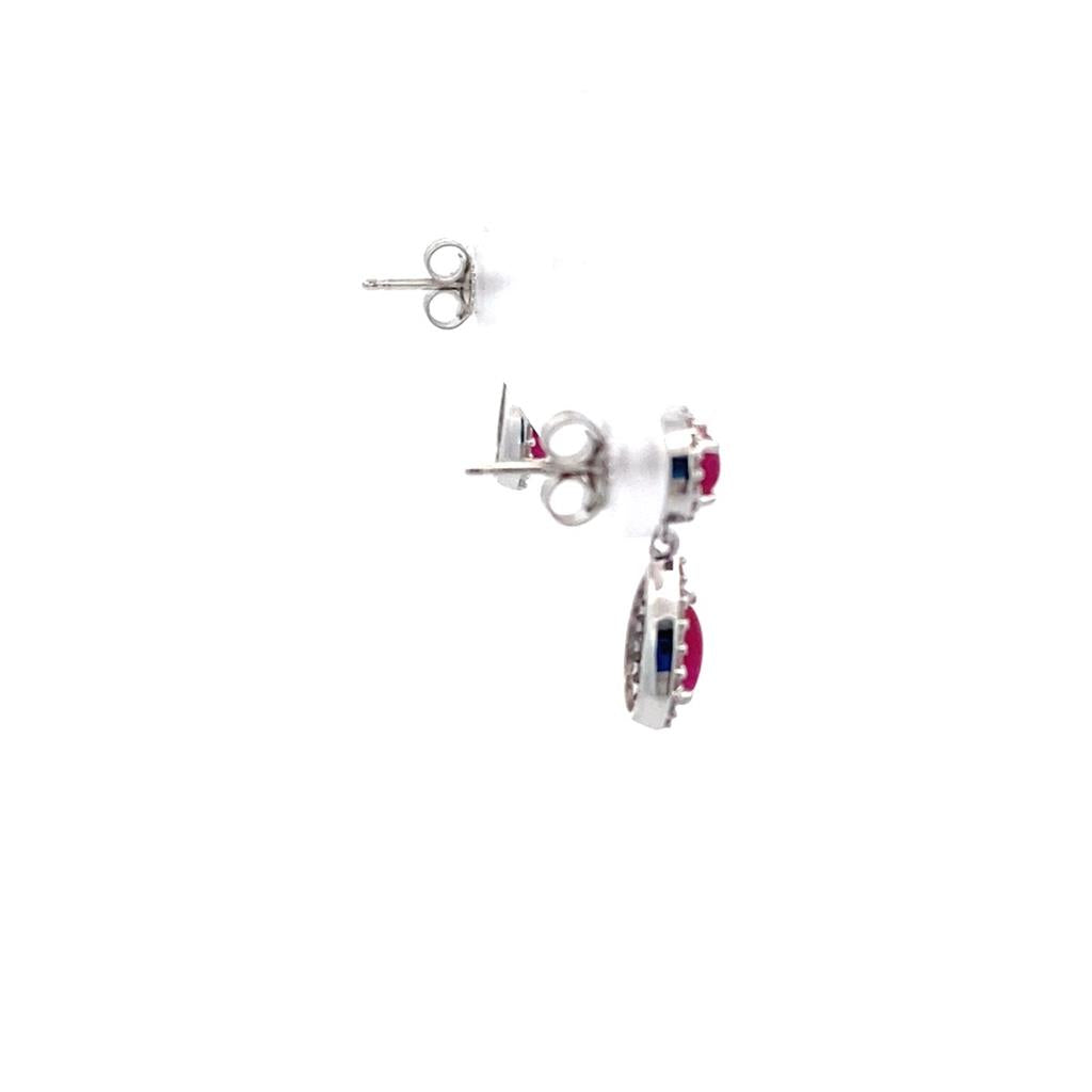 14K White Gold Cabochon Ruby & Diamond Halo Drop Earrings