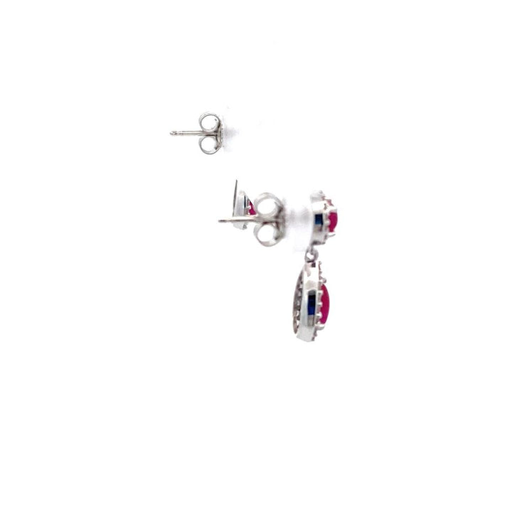 14K White Gold Cabochon Ruby & Diamond Halo Drop Earrings