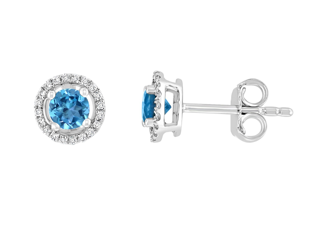 14K White Gold 0.64ctw Blue Topaz & Diamond Halo Stud Earrings