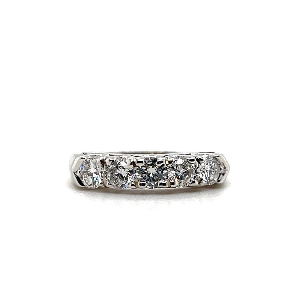 Estate 14K White Gold Round Diamond Five-Stone Wedding Band - 0.85 TCW Contemporary Design