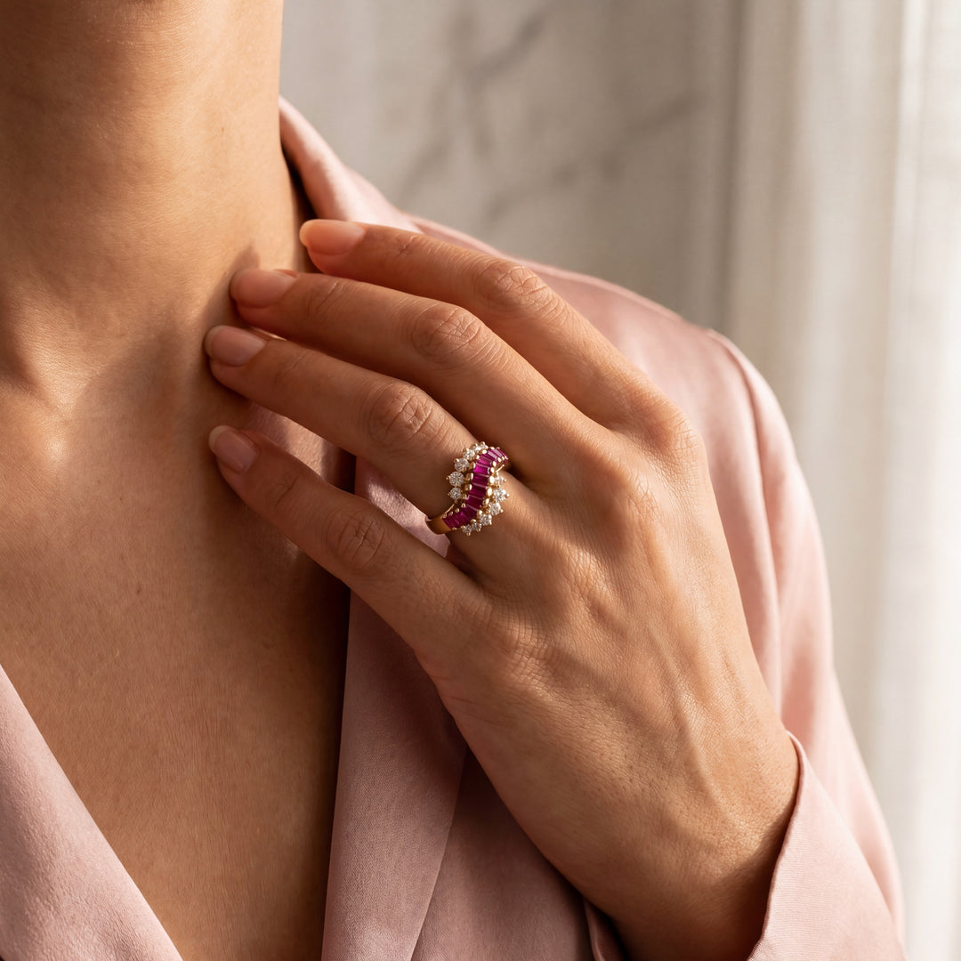 Estate 14K Yellow Gold Baguette Synthetic Ruby & Diamond Wave Ring