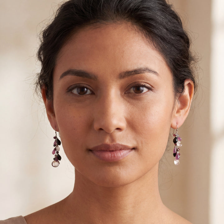 Estate Sterling Silver Multi-Gemstone Cluster Drop Earrings
