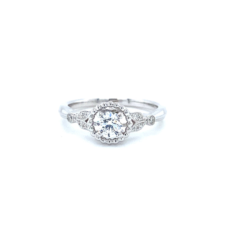 14K White Gold 0.41ct Round Diamond Nature Motif Milgrain Engagement Ring