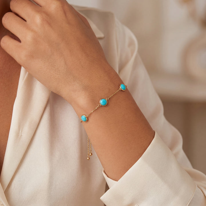 Estate Effy 14K Yellow Gold Double Cabochon Turquoise Station Bolo Bracelet