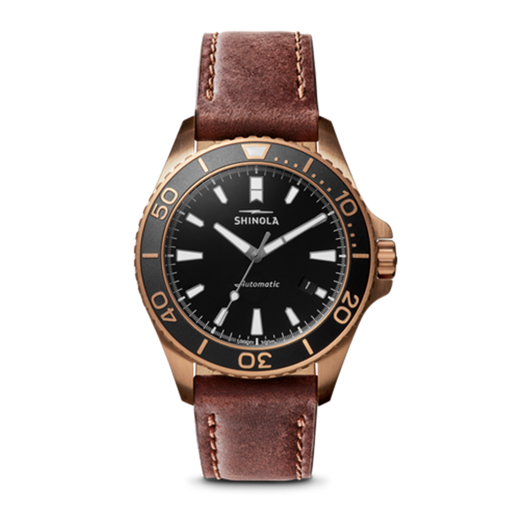 Shinola Monster 43mm Bronze Automatic Black Dial Dive Watch with Leather and Nylon Straps