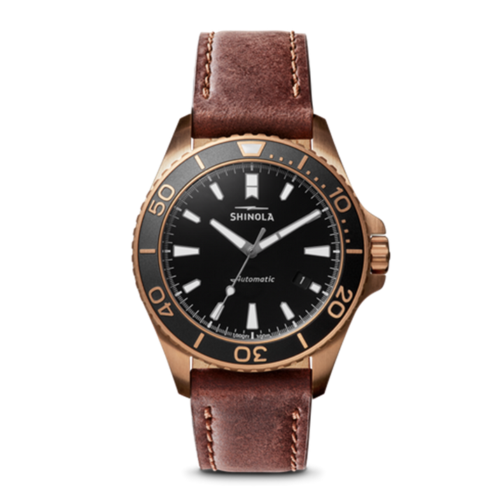 Shinola Monster 43mm Bronze Automatic Black Dial Dive Watch with Leather and Nylon Straps