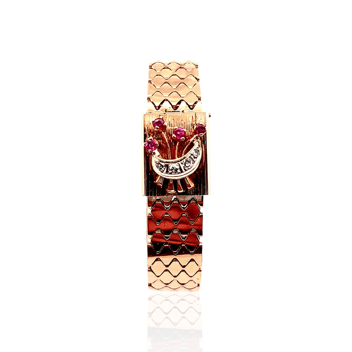 Estate 1940s 14K Rose Gold Diamond & Ruby Floral Motif Manual Wind Watch Bracelet