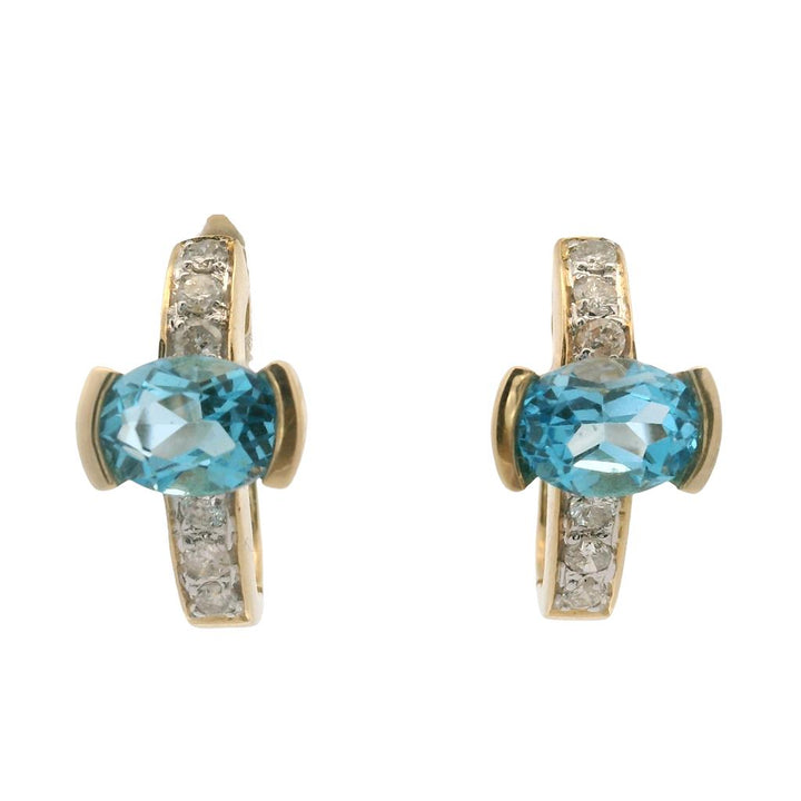 Estate 14K Yellow Gold Blue Topaz Diamond Huggie Earrings