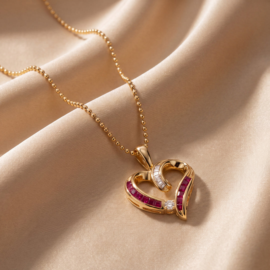 Estate 14KT Yellow Gold Square Ruby & Diamond Heart Pendant