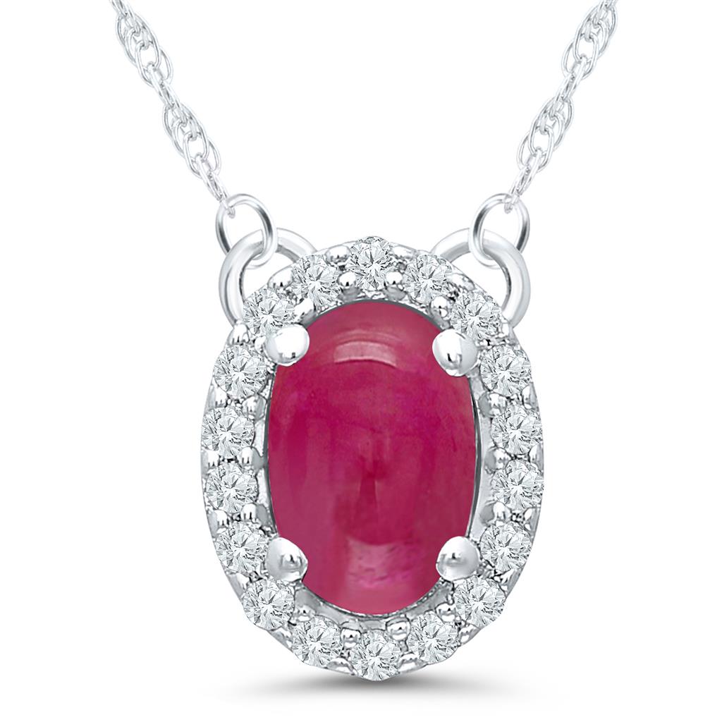 14K White Gold 0.75ctw Oval Cabochon Ruby & Diamond Halo Necklace