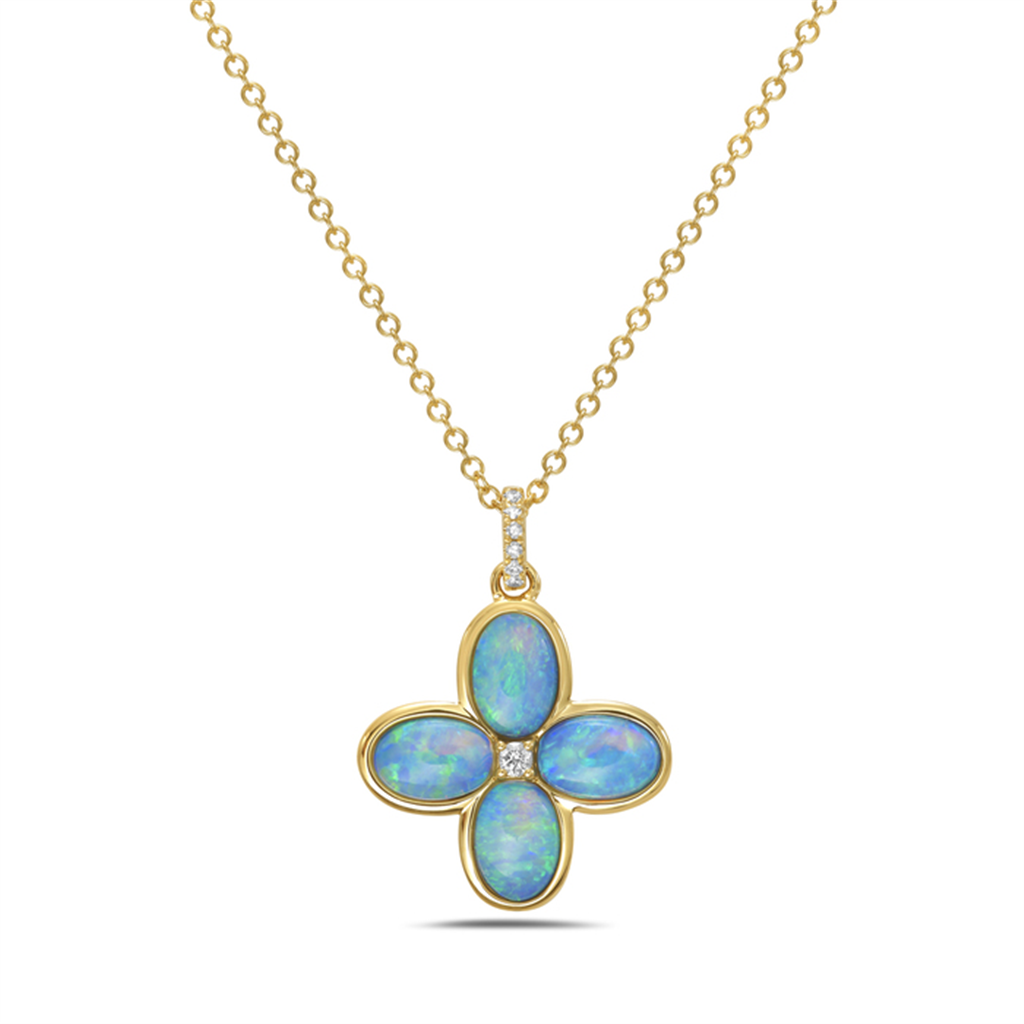 14K Yellow Gold Opal Diamond Flower Pendant Necklace with Adjustable 18" Chain
