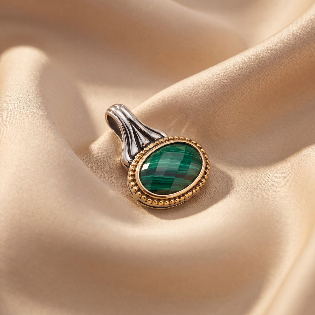 Estate Sterling Silver & 18K Gold Oval Malachite "Venus" Lagos Pendant