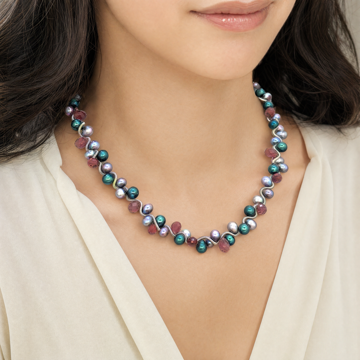 Estate Erica Zap Sterling Silver Multi-Color Pearl & Purple Glass Briolette Coil Wire Cluster Necklace
