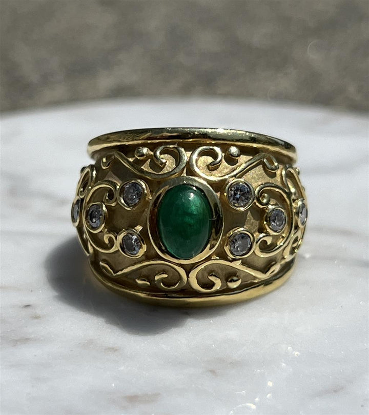 Estate 18K Yellow Gold 1.25ctw Oval Emerald & Diamond Scroll Ring