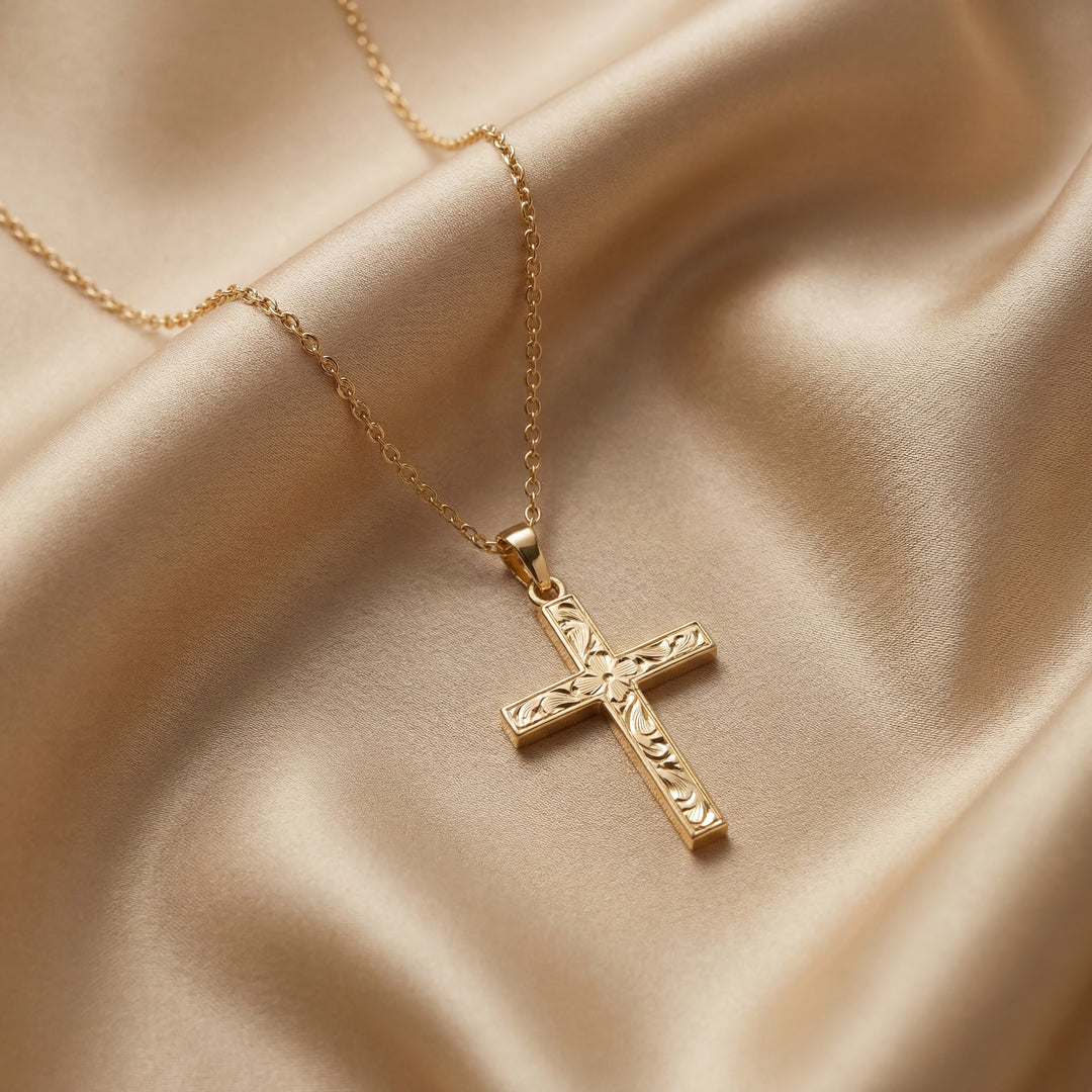 Estate 14K Yellow Gold Vintage Floral Engraved Cross Pendant Necklace