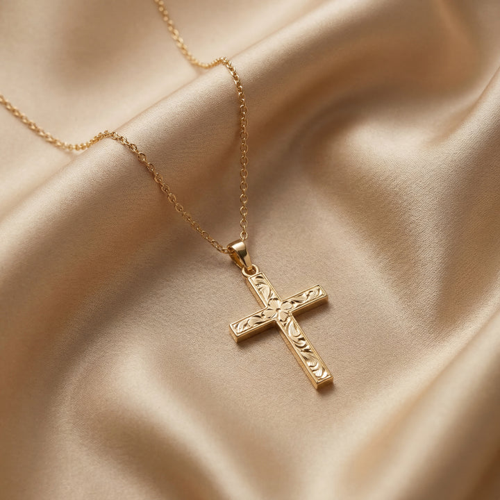 Estate 14K Yellow Gold Vintage Floral Engraved Cross Pendant Necklace