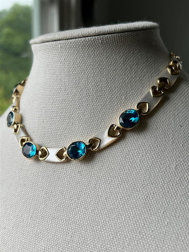 Estate 14K Yellow Gold Oval Blue Topaz & Mother of Pearl Link Necklace