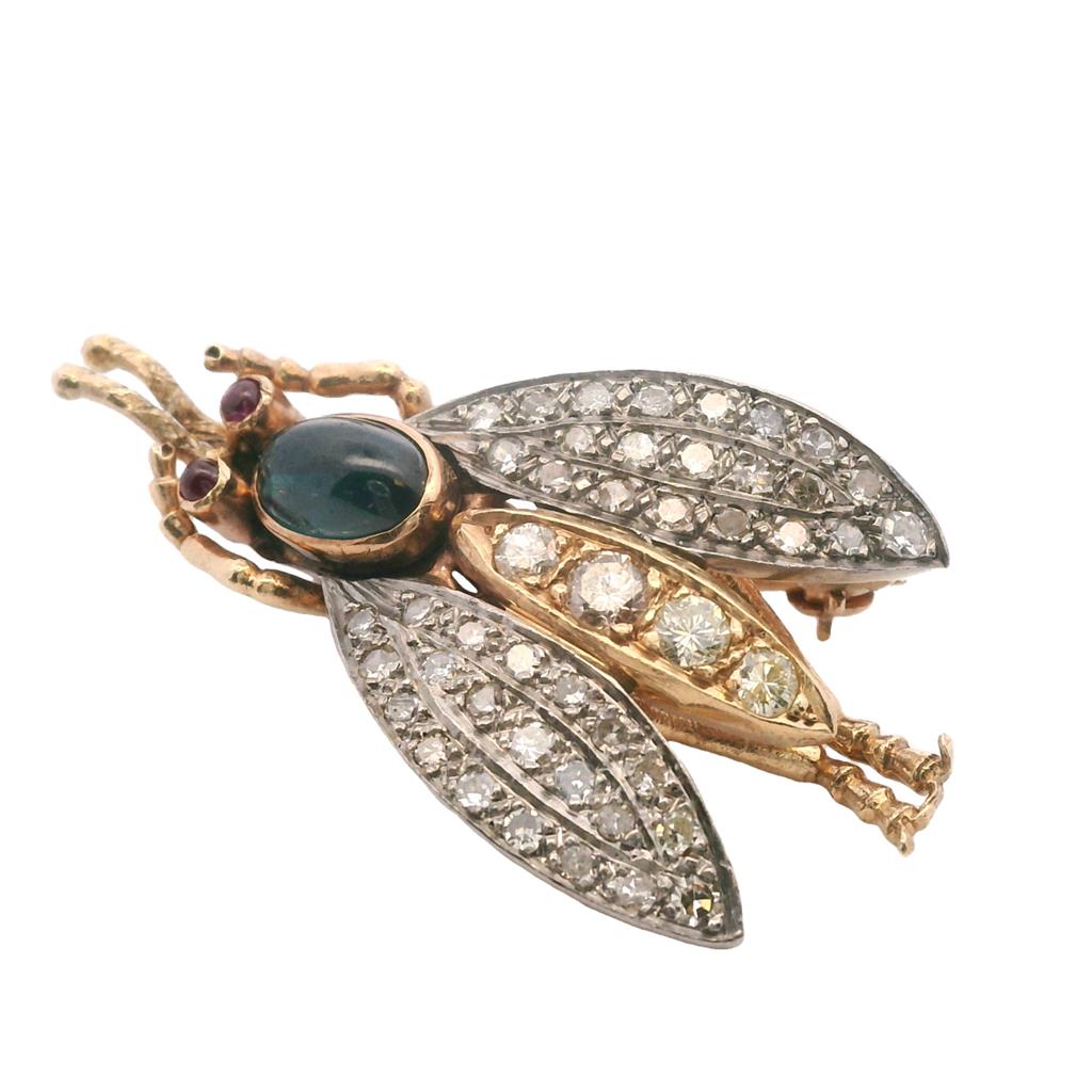 Estate Platinum & 14K Gold Blue Sapphire, Ruby, & Diamond Insect Brooch