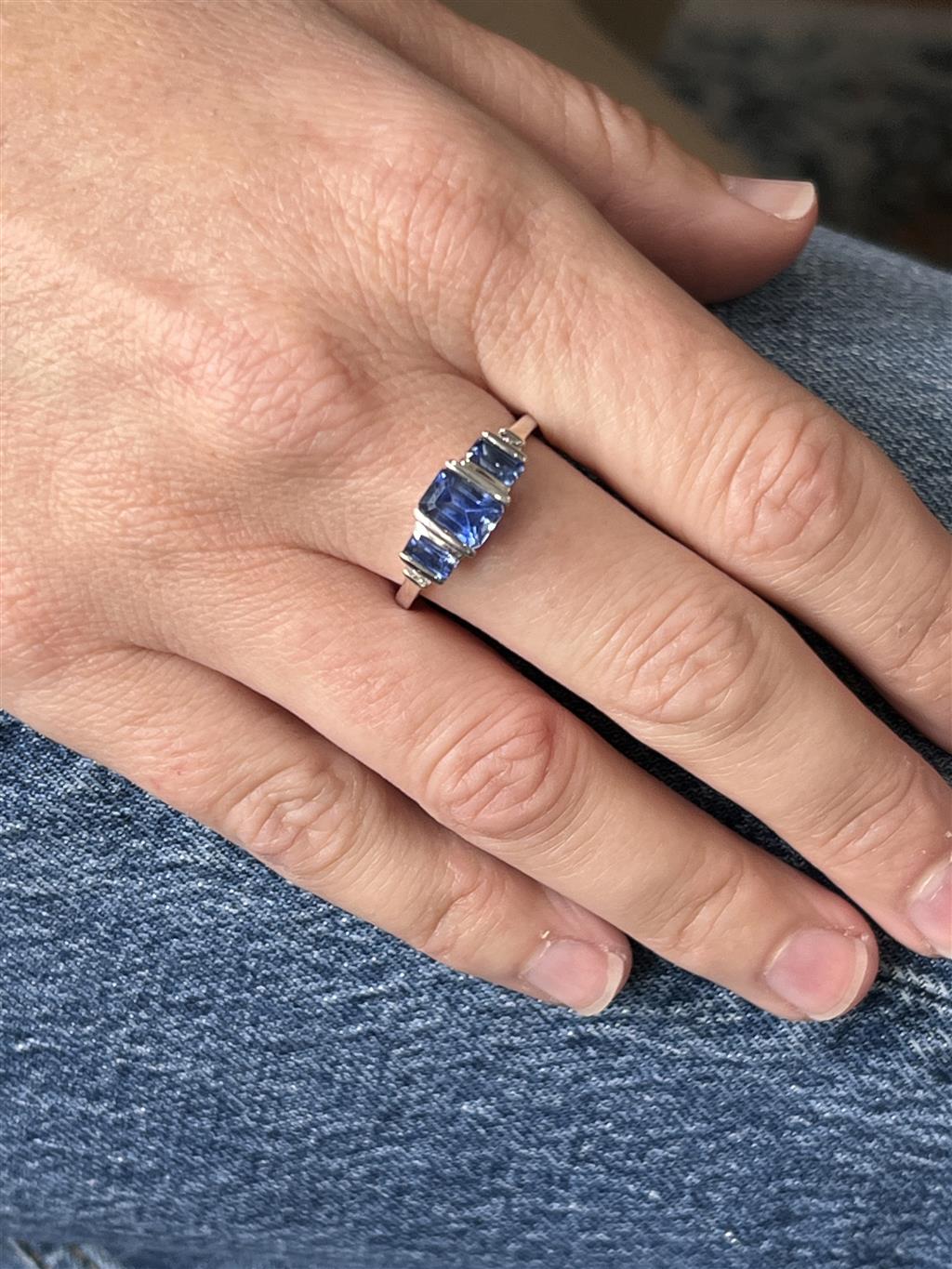 Estate 10K White Gold Emerald Cut Iolite and Diamond Three Stone Ring