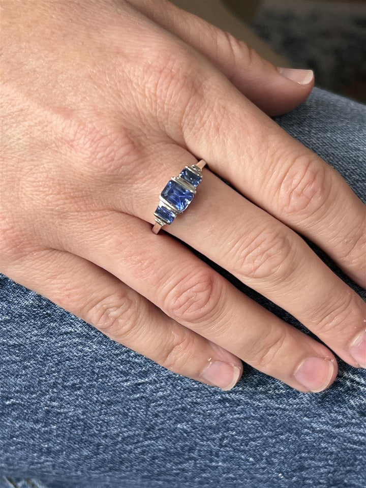 Estate 10K White Gold Emerald Cut Iolite and Diamond Three Stone Ring