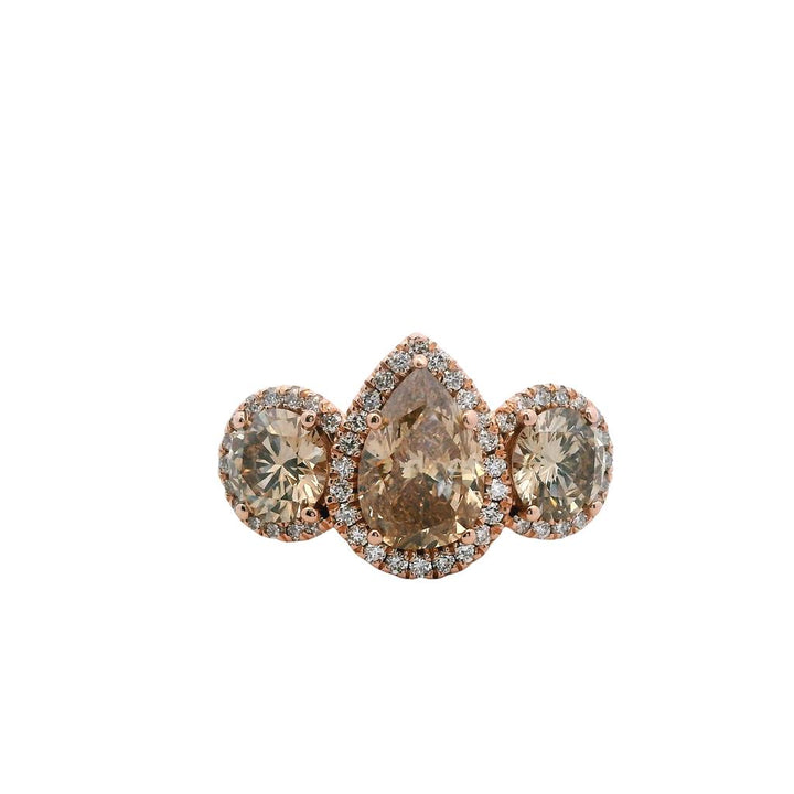 Estate 14K Rose Gold 3.24ctw Brown Diamond Three Stone Halo Engagement Ring